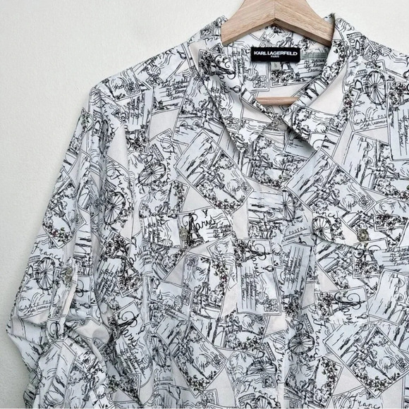 Karl Lagerfeld Womens Size Large Paris Whimsical  Roll Sleeve Blouse - Picture 9 of 15